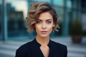 Young elegant businesswoman standing on the street and looking at the camera. Success coming with hard work. A young proud woman on a street