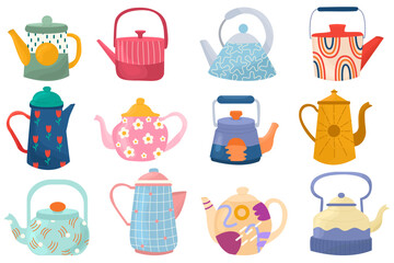 Set of cute teapots with abstract design. Kettle isolated on white background.