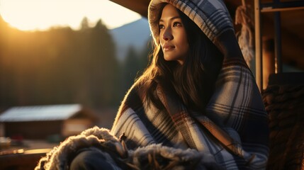 A Close-up of a rural Asian woman wearing a blanket over gloves feeling cold, sitting by a fire near her house, a background of pine trees and mountains at sunset.