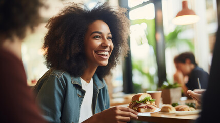 Black afro American business woman having a friendly lunch with colleagues at a local cafe, she engages in casual conversation, fostering a positive and collaborative atmosphere