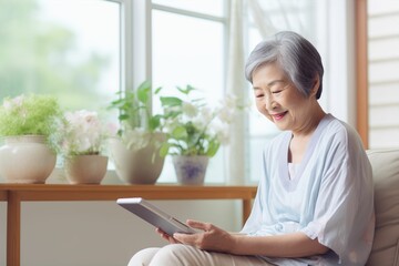 家でタブレットを見る笑顔の日本人おばあさん（デジタル端末・ガジェット・iPad） - obrazy, fototapety, plakaty