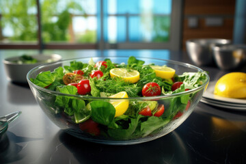 Seasonal summer vegetable salad in a glass bowl. Vegan organic food, dietary meal in a rustic style.