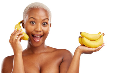 Black woman, bananas or portrait for skincare, beauty or diet for wellness, health or fruits. Phone...