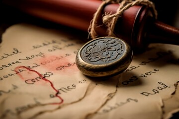 Closeup up photo of medieval post stamp. Retro old wax seal stamp for letters. Generate ai