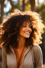 Woman with large afro smiles at the camera while wearing tan shirt.
