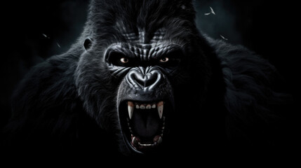 Silverback - adult male of a gorilla face. A gorilla appears to be angry, mouth open, yawning. - obrazy, fototapety, plakaty