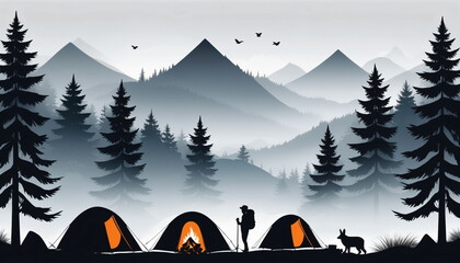 Nature’s Call: Silhouette of a Camping Adventure - obrazy, fototapety, plakaty
