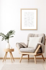 Minimalistic white living room with armchair and wall art poster frame 