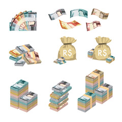 Brazilian Real Vector Illustration. Huge packs of Brazil money set bundle banknotes. Bundle with cash bills. Deposit, wealth, accumulation and inheritance. Falling money 10, 20, 50, 100, 200 BRL