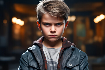 Young boy with leather jacket and serious look.