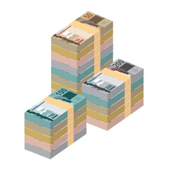 Brazilian Real Vector Illustration. Brazil money set bundle banknotes. Paper money 10, 20, 50, 100, 200 BRL. Flat style. Isolated on white background. Simple minimal design.