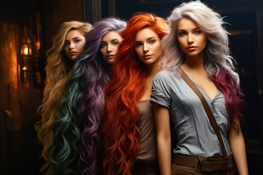 Group of women with long, colorful hair standing in row.
