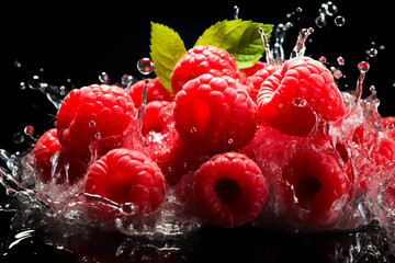 Fresh ripe raspberries with green leaves fall into water with splash on black background