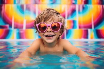 Naklejka premium Radiant Refreshment: Child with Sunglasses Enjoys Poolside Entertainment