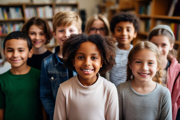 Obraz premium Classroom Harmony: Group of Elementary School Students Standing Together, Creating a Positive Atmosphere of Learning and Friendship