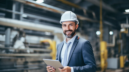 Successful caucasian supervisor in suit and with helmet holding tablet standing in power plant.
