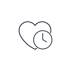 Heart and clock. Expectation. Anticipation. Vector linear illustration icon isolated on white background. 