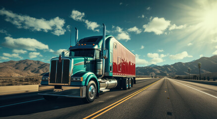Fototapeta na wymiar a truck driving down a road with good weather, Freight transportation, Generative AI