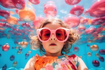 Adorable Splash: Child in Sunglasses Delights in Pool Entertainment