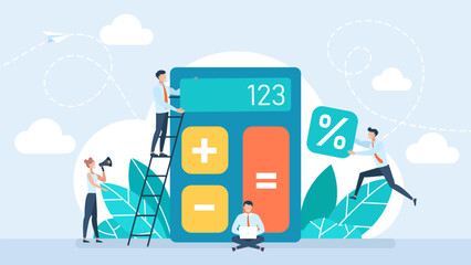 Calculator app. Tiny people with calculating. Accounting, financial analysis, calculation of expenses and income. Budget and payment. Audit debit and credit calculations. Flat vector illustration