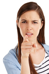 Scolding, teacher and angry portrait with pointing for discipline in transparent, isolated or png background. Strict, woman and hand with negative gesture, warning or threat and sign to stop trouble