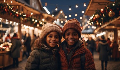 Happy black boy and girl at the Christmas market