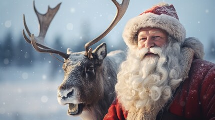 santa claus with a deer, winter holiday Christmas background