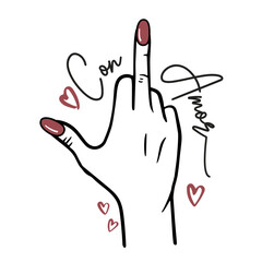 Con amor lettering en castellano, a la mierda, dibujo  mano con el  dedo medio levantado, icono, vector, irónico, composición gráfica - obrazy, fototapety, plakaty