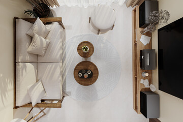 Fototapeta na wymiar Top view of Panoramic White Living Room, 3D rendering