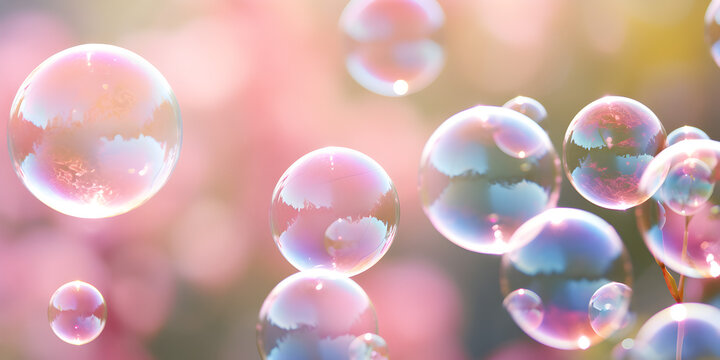 Transparent abstract soap bubbles on blurry colorful background 