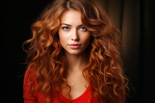 Woman with long red hair and blue eyes posing for picture.