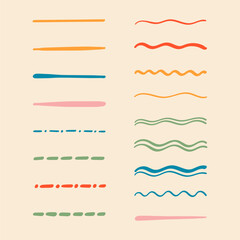 Collection of strikethrough multi colored underlines. different doodle colorful dotted and wavy lines. Horizontal hand drawn marker stripes, brush strokes and arrows.