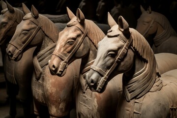 Terracotta warriors sculptures horses tomb. Museum asia warrior qin history. Generate Ai