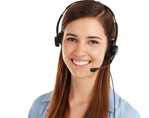 Customer care, portrait and happy business woman communication, telemarketing or professional advice. Tech support, job experience and agent face for e commerce service on transparent, png background