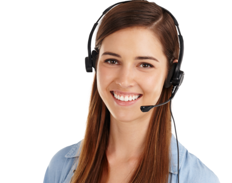 Customer care, portrait and happy business woman communication, telemarketing or professional advice. Tech support, job experience and agent face for e commerce service on transparent, png background