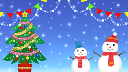 おしゃれなクリスマス背景素材　クリスマスツリーと雪だるま　16:9   キラキラ雪景色　ガーランド　飾り