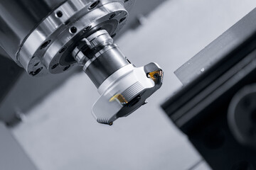 Auto CNC turning with robot drill milling factory with water coolant streams. Concept banner metal...