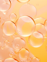 Transparent abstract soap bubbles on soft yellow background 