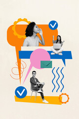 Vertical collage image of black white effect people raise fists communicate sit chair cogwheel gear...
