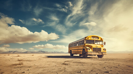 School bus against the sky and desert - obrazy, fototapety, plakaty
