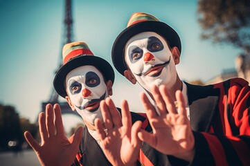 Two funny French mimes artists. Comedy pantomime entertainment performance on street. Generate ai - obrazy, fototapety, plakaty