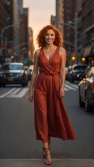Fototapeta premium portrait of a smiling red-haired woman standing on the street