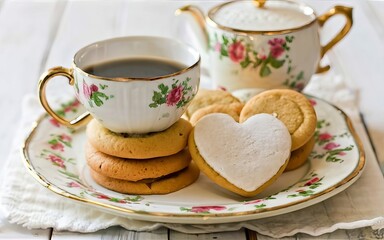 Delightful heart-shaped cookies rest on vintage china, combining the charm of tradition with sweet indulgence