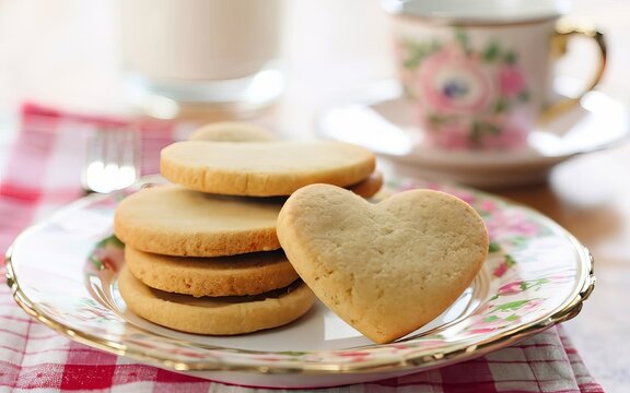 Delightful heart-shaped cookies rest on vintage china, combining the charm of tradition with sweet indulgence
