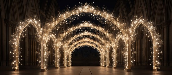 Nighttime photo of floral fairy lights in the shape of an arch or cathedral with heads visible at the bottom