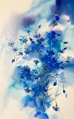 Cornflowers in blue watercolor background. Summer illustration