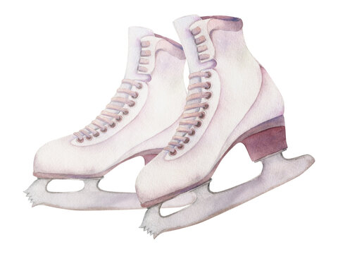 Hand drawn watercolor figure skating boots pair, crystal rhinestones, winter sports footwear. Illustration isolated on white background. Design poster, print, website, card, invitation, shop brochure