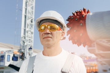 Portrait of miner man standing background industry harvester shearer drill head for coal mine