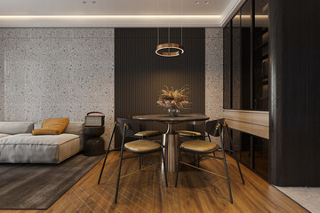 Exclusive Dining table and Chairs, pendant Candelier Hanging on the ceiling, in dining cum living place, 3D rendering