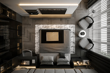 A full view of the well-furnished Bedroom from the top of the roof, 3D rendering